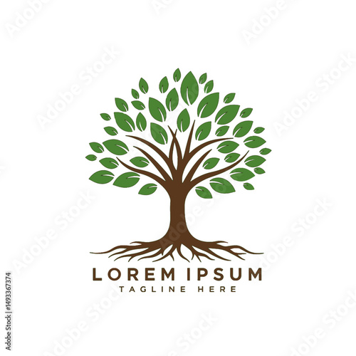 Tree with green leaves and brown trunk and roots