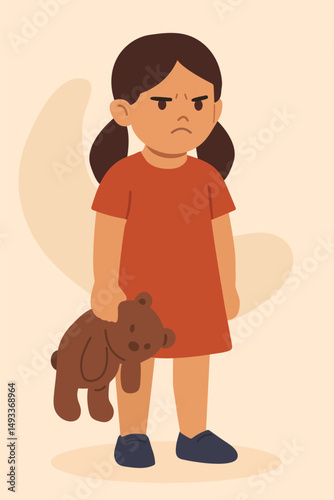 Dissatisfied offended girl holds a teddy bear in her hands. Vector stock illustration eps10. Adobe Illustrator Artwork