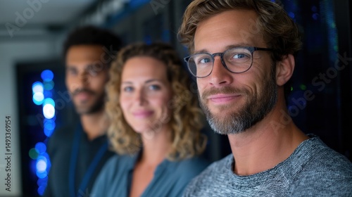 Diverse it team in data center with focused professionals and modern technology.