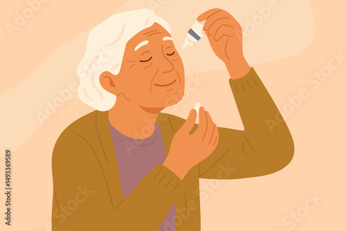 Elderly woman puts drops in her eyes. Glaucoma. Vector stock illustration eps10. Adobe Illustrator Artwork