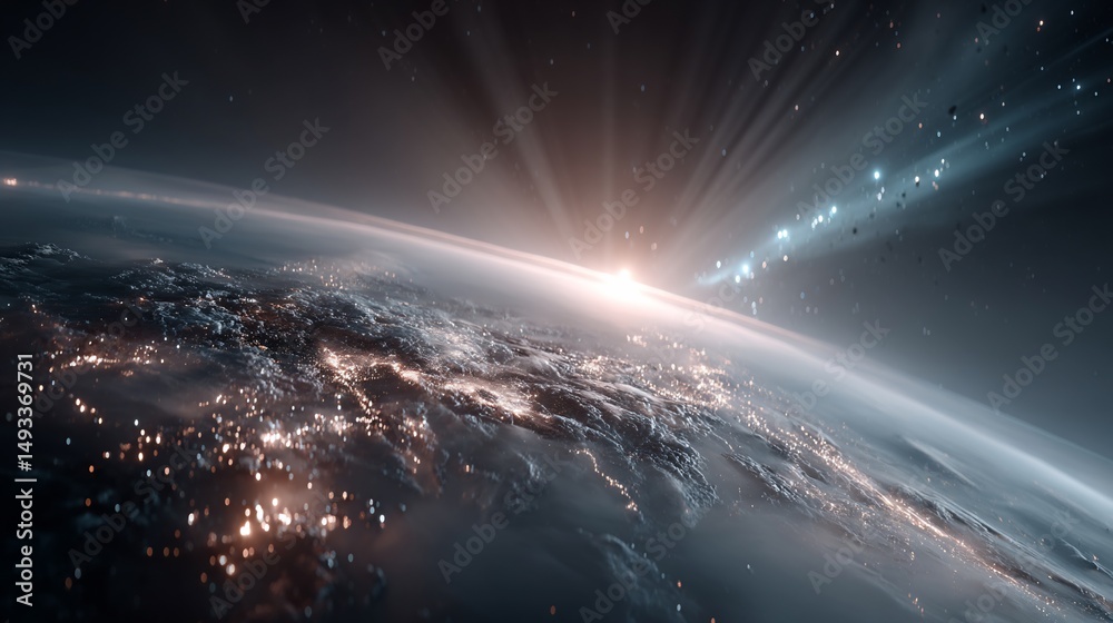 Obraz premium Sunrise over Earth, viewed from space, showing city lights and atmospheric effects