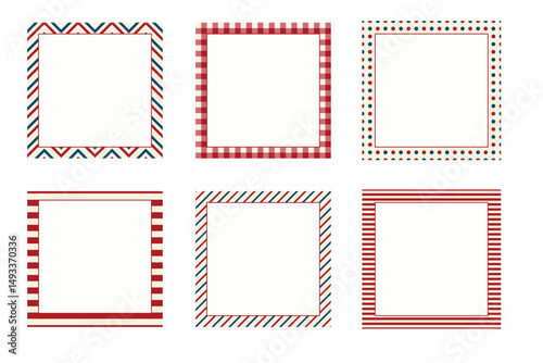 Set of six square patriotic frames with red, white, and blue patterns. Includes stripes, dots, checks, and zigzags. Ideal for Memorial Day, Independence Day, and graphic design projects.
