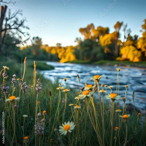 Golden light paints a river scene with wildflowers blooming in a soft meadow.