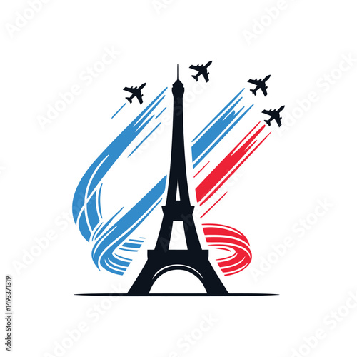 Eiffel Tower Silhouette with Airplanes and French Flag Colors Vector Illustration Paris Landmark with Blue White Red Trails for Bastille Day Celebration Travel France Design Element Icon