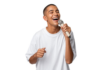 Happy young man singing passionately into a microphone, wearing a loose white t-shirt isolated on transparent background
