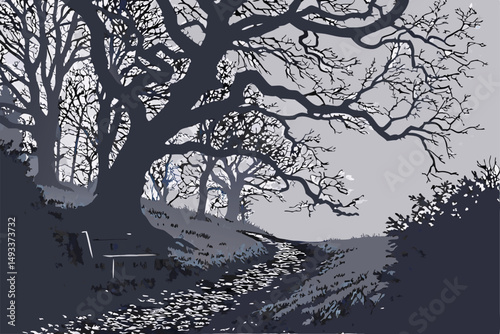  high contrast, moody, atmospheric, dark, gloomy, eerie, bare trees, twisted branches, winding trail, wooden bench, fallen leaves, monochrome, grayscale, dramatic lighting, cinematic, moody landscap