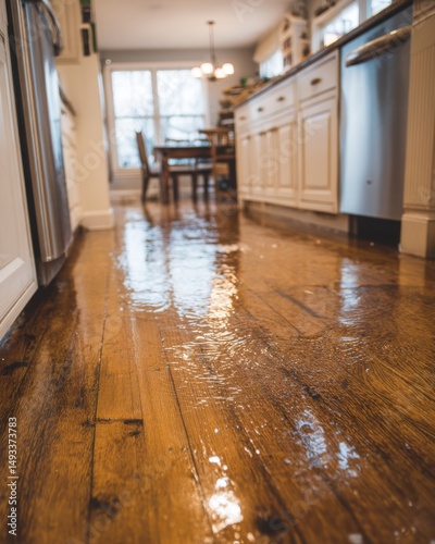 Kitchen floor with standing water from leak or flood low angle shot showing damage and potential repair needs
