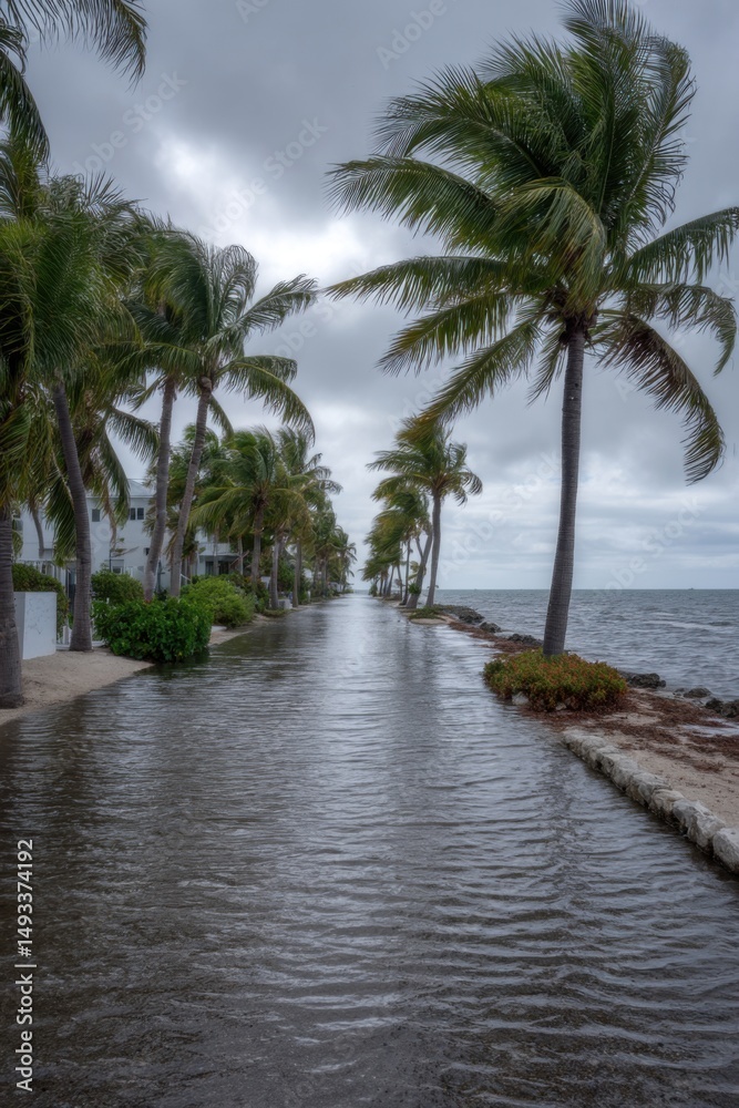 Obraz premium Flooded street with palm trees in Key Largo Florida after a storm eye level shot nature disaster climate change