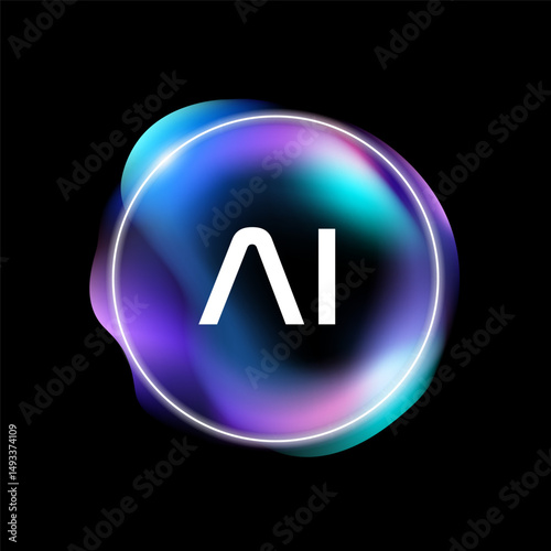 Abstract Circle with AI Text Logo for Futuristic representing Artificial Intelligence using Big Data Tech Concept within Vibrant Fluid Background.