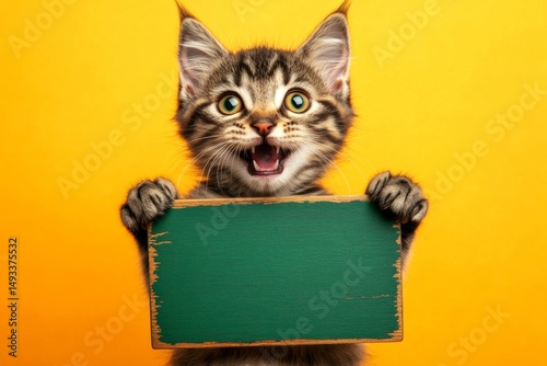 Ð¡ute cat norwegian forest hold in front paws a wireframe - large green way sign. Marketing pet expression. Adorable studio smile. Isolated young cat on a solid suit bright orange background. photo