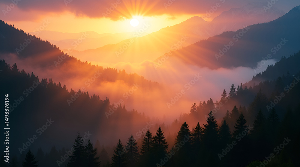 Fototapeta premium Sunrise over Misty Mountains