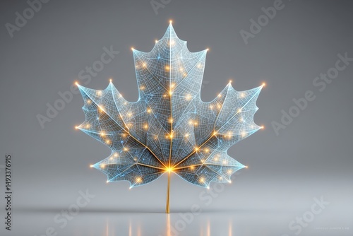 A digital rendering of a maple leaf made from glowing lines and particles