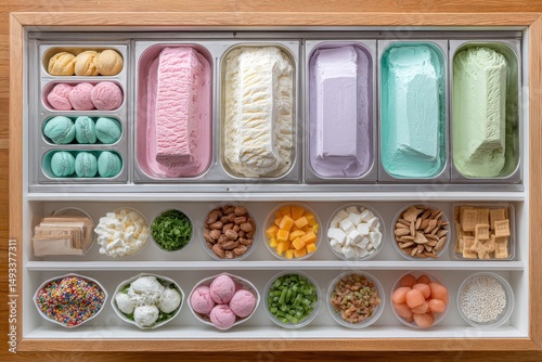 A dramatic overhead shot of a sundae bar with every topping imaginable