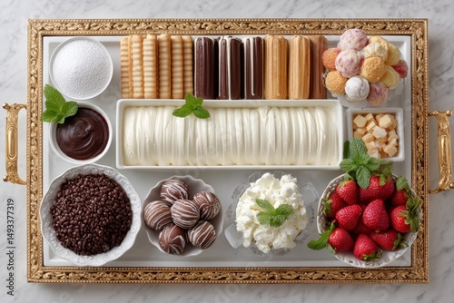A dramatic overhead shot of a sundae bar with every topping imaginable
