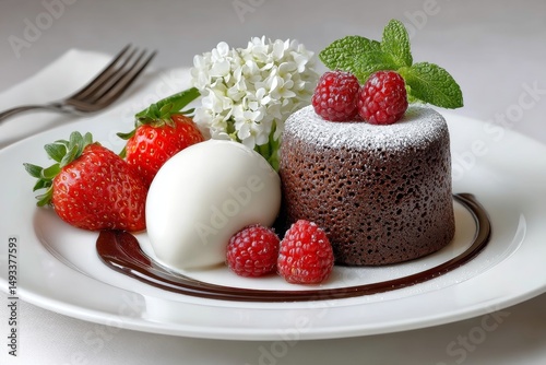 A fancy dessert plate with a chocolate lava cake oozing in the center