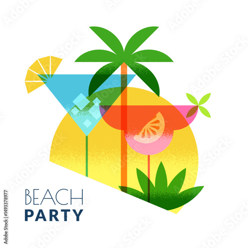 Summer beach cocktail bar, vector label, logo design. Alcohol drinks illustration. Drinking glasses on circle background