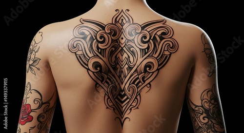 Woman's Back Featuring Intricate Tattoo Design on Dark Background