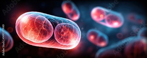 A close-up digital illustration of glowing bacteria or cells undergoing division, set against a dark, blurred background.