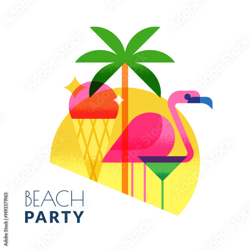 Beach cocktails bar label, logo design. Vector illustration. Ice-cream, palm, flamingo, cocktail on circle background