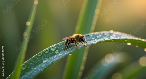 Bee on Leaf with Water Droplets photo