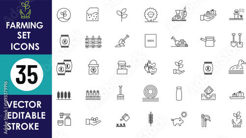 A minimal farming icon set featuring 35 editable vector stroke icons including tractors, seeds, tools, plants, irrigation, milk, fences, livestock, and crops