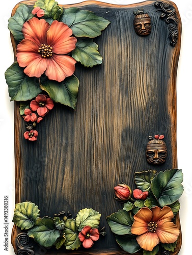 Decorative wood panel with sculpted flowers and faces
