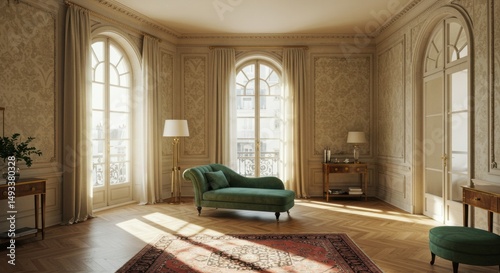 Elegant vintage living room with ornate moldings, large windows, and classic furnishings capturing timeless interior design