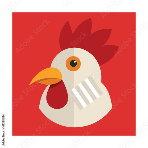 Flat design rooster head with bandage depicting sickness or injury on red background