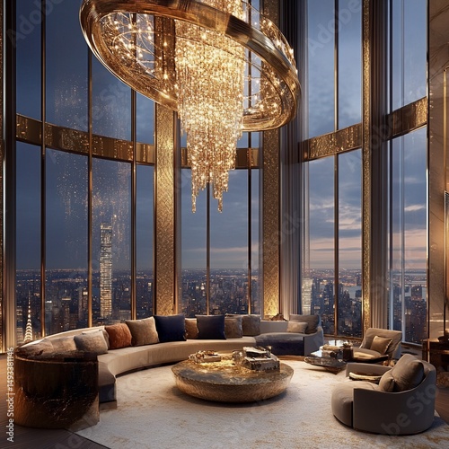 Luxurious living room features a massive chandelier and city views at dusk