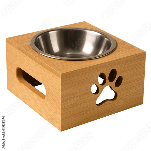 Stylish pet food bowl with wooden base and stainless steel insert, perfect for pets. design features paw print cutout, adding charm