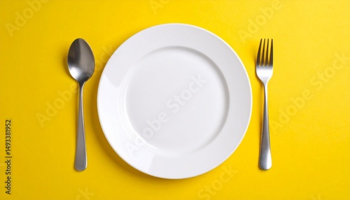 Photo of an empty white plate with a fork and a spoon with yellow background