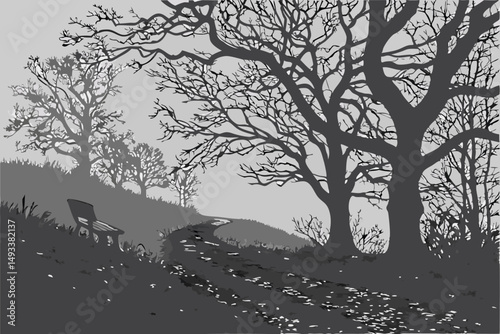  high contrast, moody, atmospheric, dark, gloomy, eerie, bare trees, twisted branches, winding trail, wooden bench, fallen leaves, monochrome, grayscale, dramatic lighting, cinematic, moody landscap