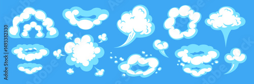 Cartoon smoke cloud vector with comic dust and explosion effect on blue background. Smoke and cloud vector elements in cartoon style. Perfect for game design, animations, UI effects, stickers.