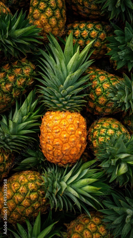 Fototapeta premium Tropical Pineapple Fruit Still Life Close-Up Overhead Shot Fresh Food Market Display Healthy Eating Lifestyle