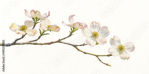 Detailed Watercolor Painting of Flowering Dogwood Branch on White Background