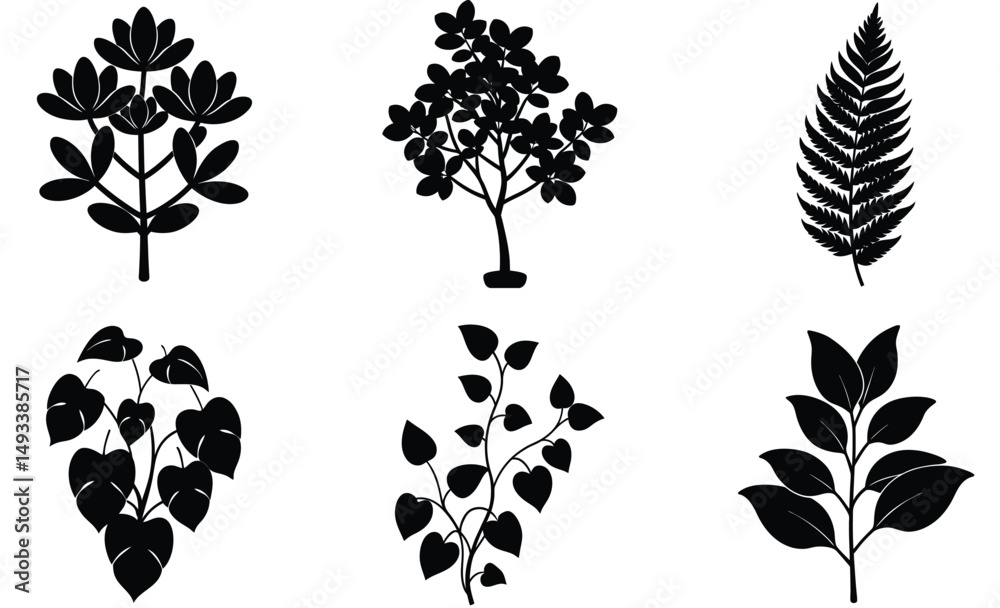 Naklejka premium Indoor Plant Leaf Silhouette Collection – Vector Set of Decorative Houseplant Foliage, detailed leaves for Botanical, Minimalist, and Home Interior Design Projects