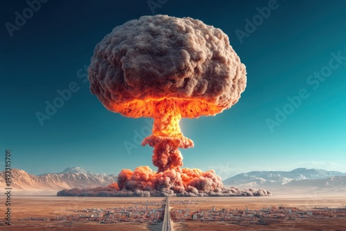 nuclear explosion fill skies with devastation, devastation stretches across silent wastelands, devastation stands as haunting reminder of war's irreversible impact, visualizing total collapse. photo
