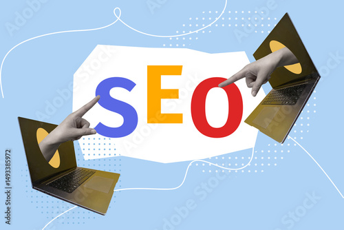 SEO. collage. work analytics. banner for work. work optimization. search engine optimization. minimal flat logo with a magnifying glass. Multicolored design.