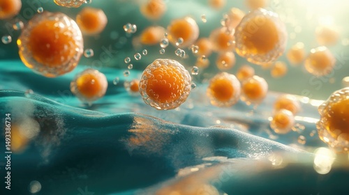 Microscopic view of cells in a teal environment