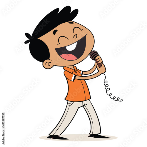 Cartoon boy singing with microphone wearing orange shirt