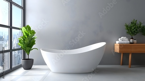 Elegant freestanding bathtub in a minimalist bathroom with panoramic cityscape