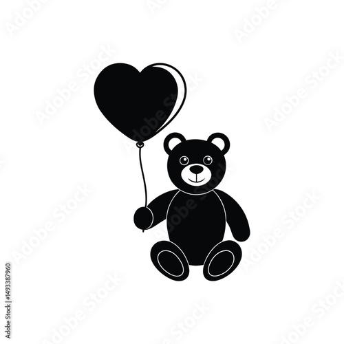 Flat and Minimal Teddy Bear Holding Heart Balloon icon vector illustration isolated on white background
