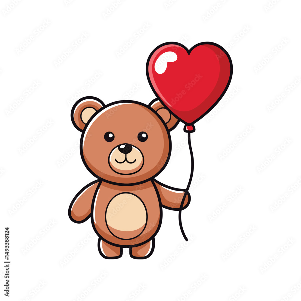 Fototapeta premium Flat and Minimal Teddy Bear Holding Heart Balloon icon vector illustration isolated on white background