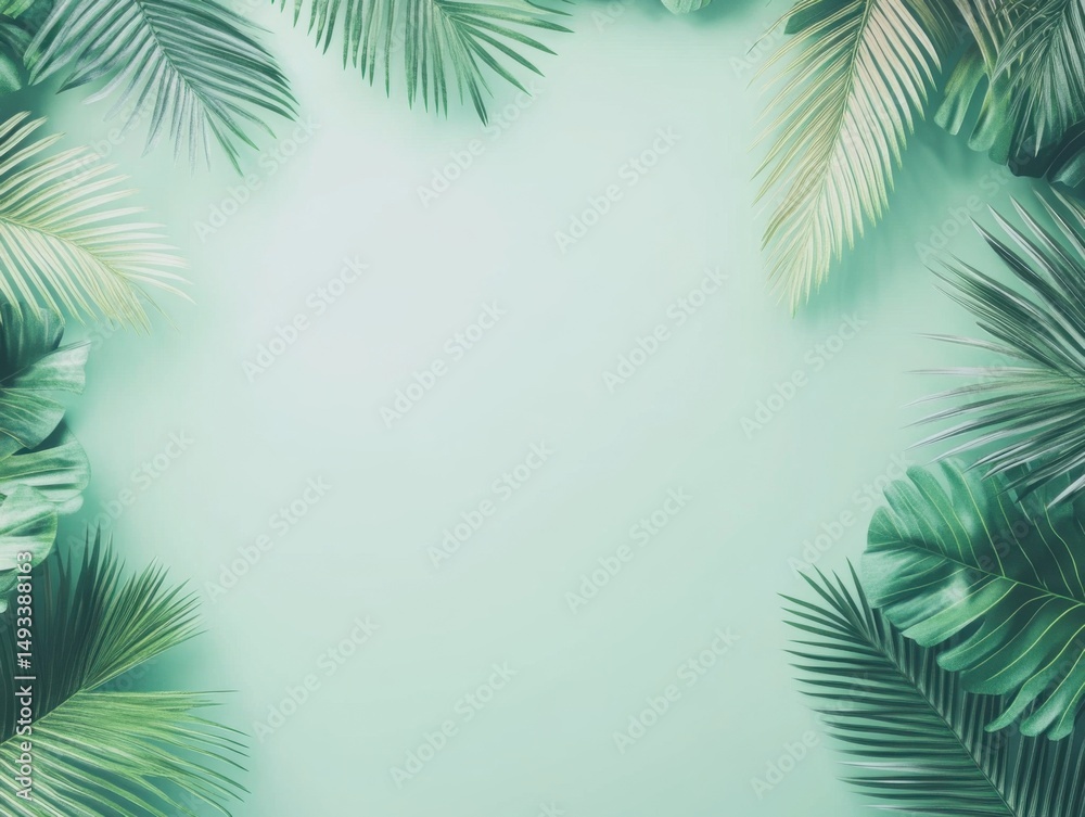 Fototapeta premium Tropical Palm and Monstera Leaves Frame on Mint Background Flat Lay Minimalist Style for Summer Designs