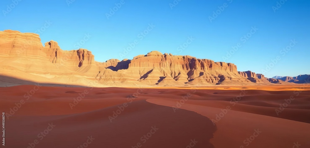 Fototapeta premium Vast red sand desert meets rocky mountains under a clear blue sky , heat, empty