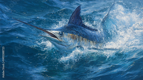 marlin cutting through blue water