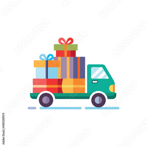 Flat and Minimal Truck Carrying Gifts icon vector illustration isolated on white background
