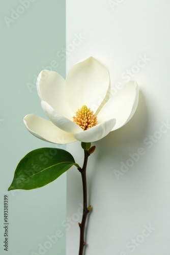 Single magnolia flower against a pure white surface, white, green, bloom
