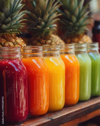 Colorful fruit juice bottles lined up with pineapples in background, vibrant health food display, eye level shot