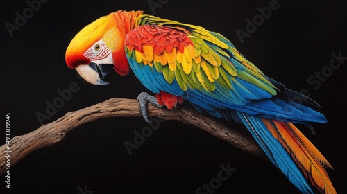 Colorful macaw perched on a branch against a black background